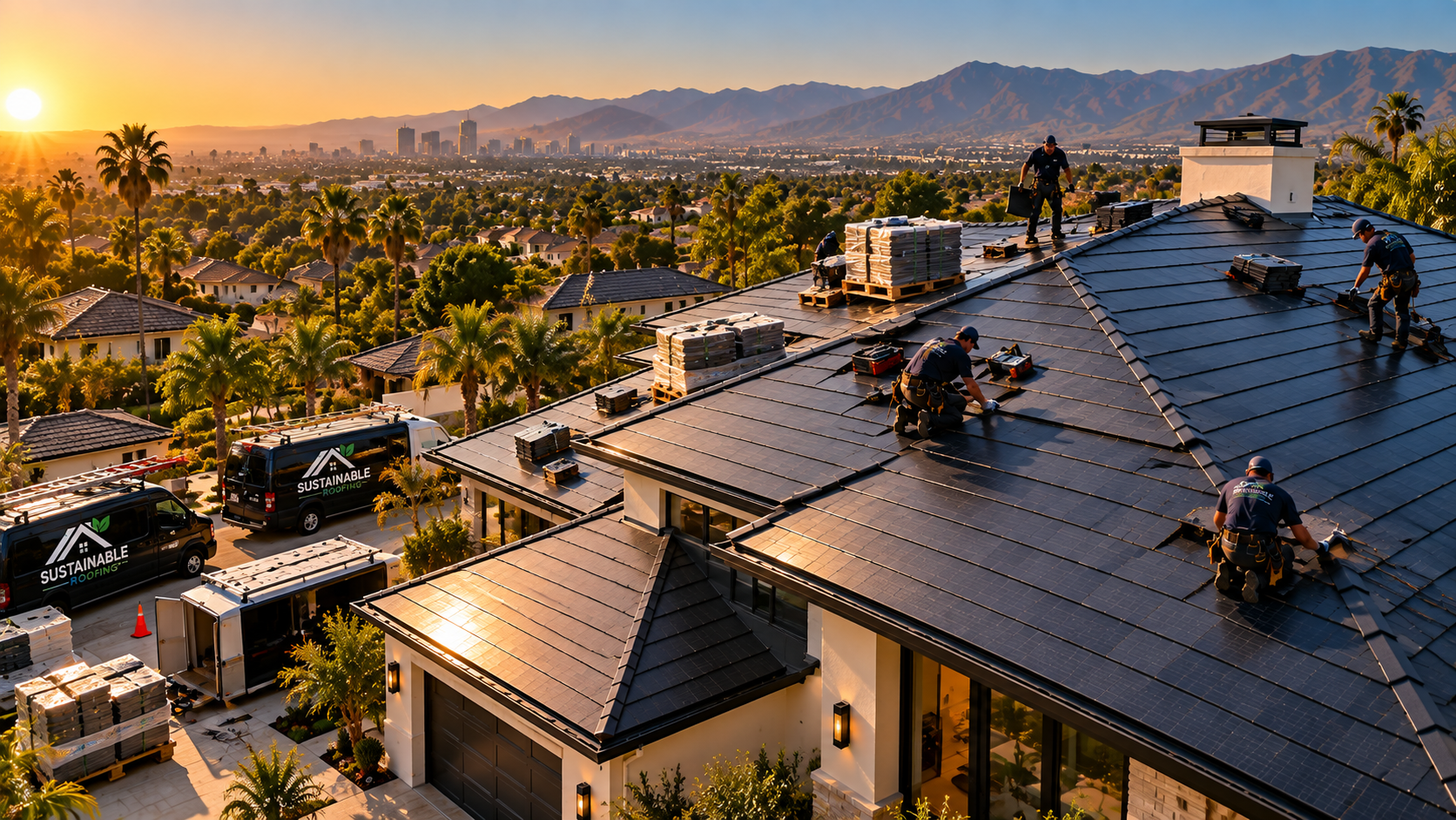 Integrated solar roofing tiles being installed on a home
