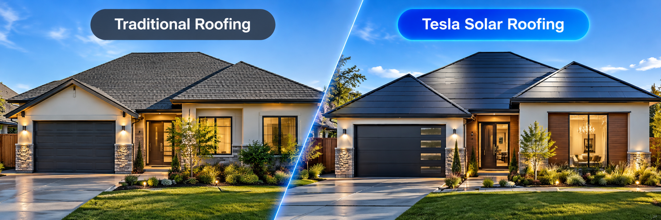 Traditional roofing home on the left and integrated solar roofing home on the right